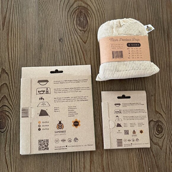 Beeswax Food Wraps Set of 6 Reusable Mesh Produce Bags Set of 5 Eco Friendly - Picture 2 of 5